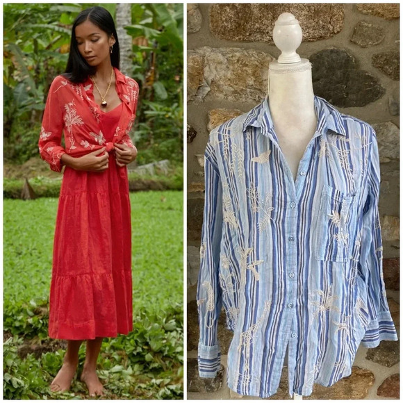 Johnny Was Workshop SARABI Embroidered Striped BOXY POCKET SHIRT $210 - Picture 1 of 16